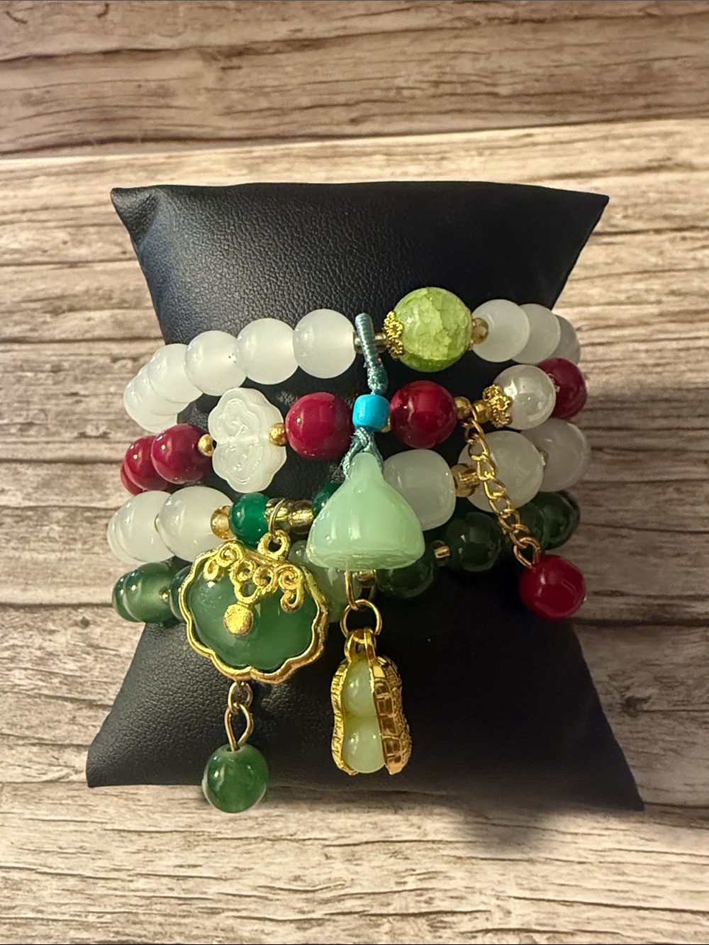 4 Multi-Color Beaded Stretch Bracelet Set - White, Green & Red